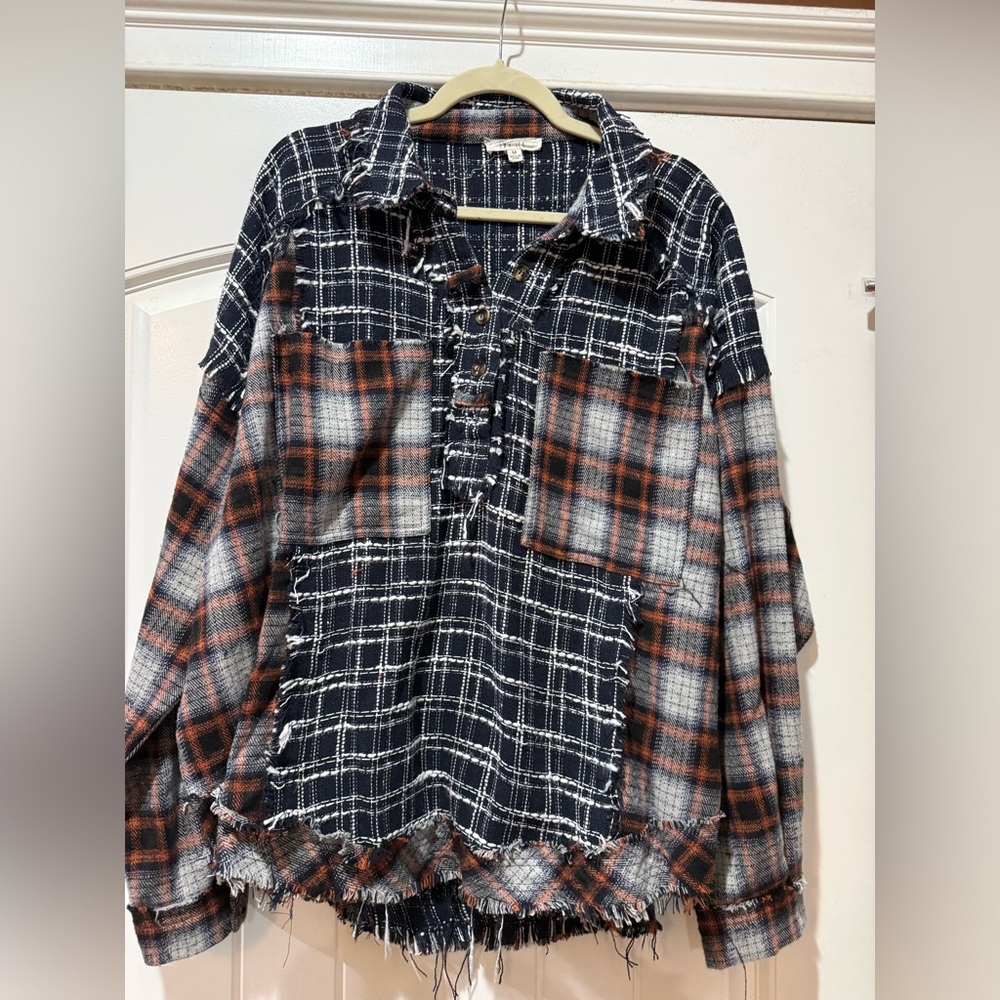 Oli & Hali Plaid Half Button-Down Shirt - Navy, Orange, White